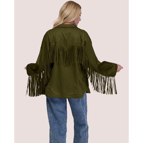 Women's Faux Suede Fringe Jacket Vintage Western Cowgirl Tassel Army Green - Picture 6 of 7